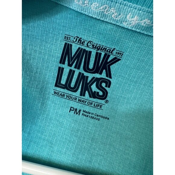 Muk Luks Three Piece Lounge Wear Set Size PM Aqua Stretch Pocket Shirt Pants Car - Picture 7 of 13